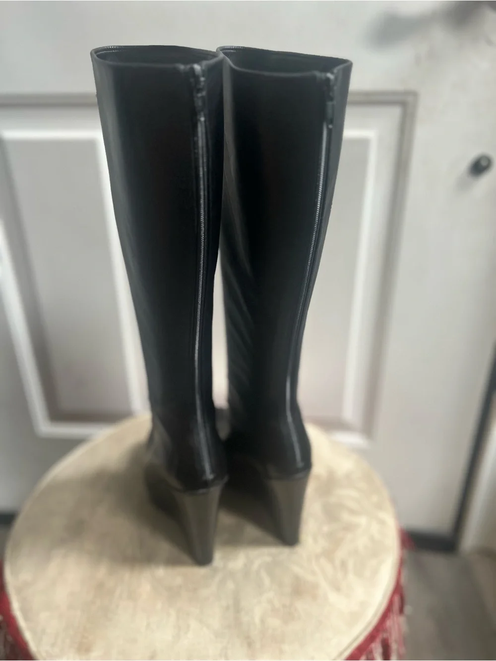 Christian Loubotin Black Tall Smooth chunky wedge platform Leather boots Sz 38